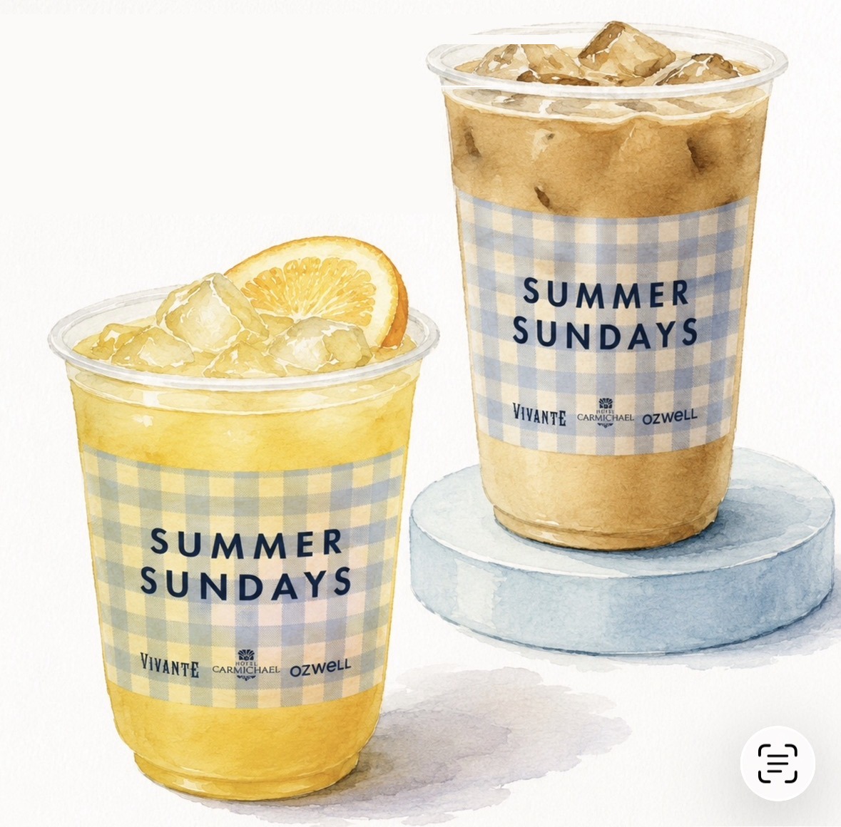 Watercolor illustration of two iced drinks in Summer Sundays gingham cups from Eli Coffee.