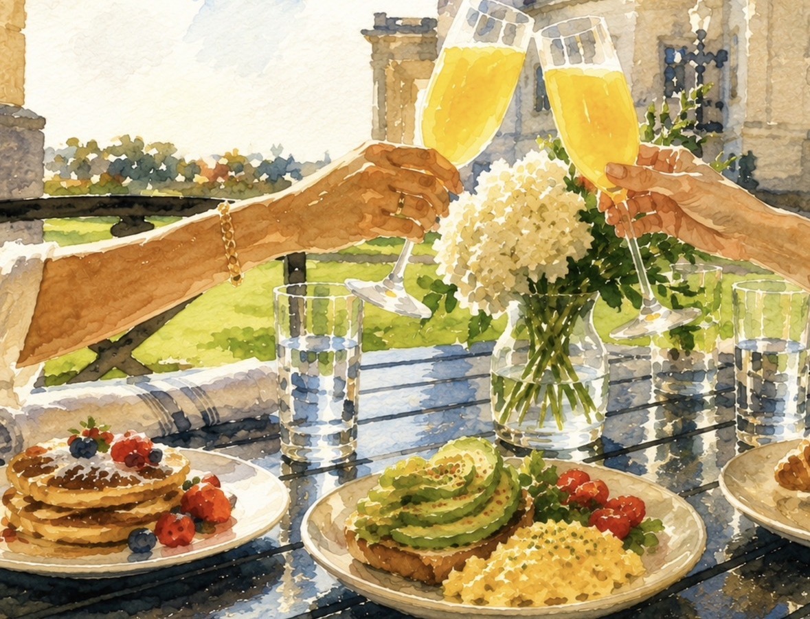 Watercolor illustration of two people toasting mimosas over avocado toast and pancakes on a sunny patio.