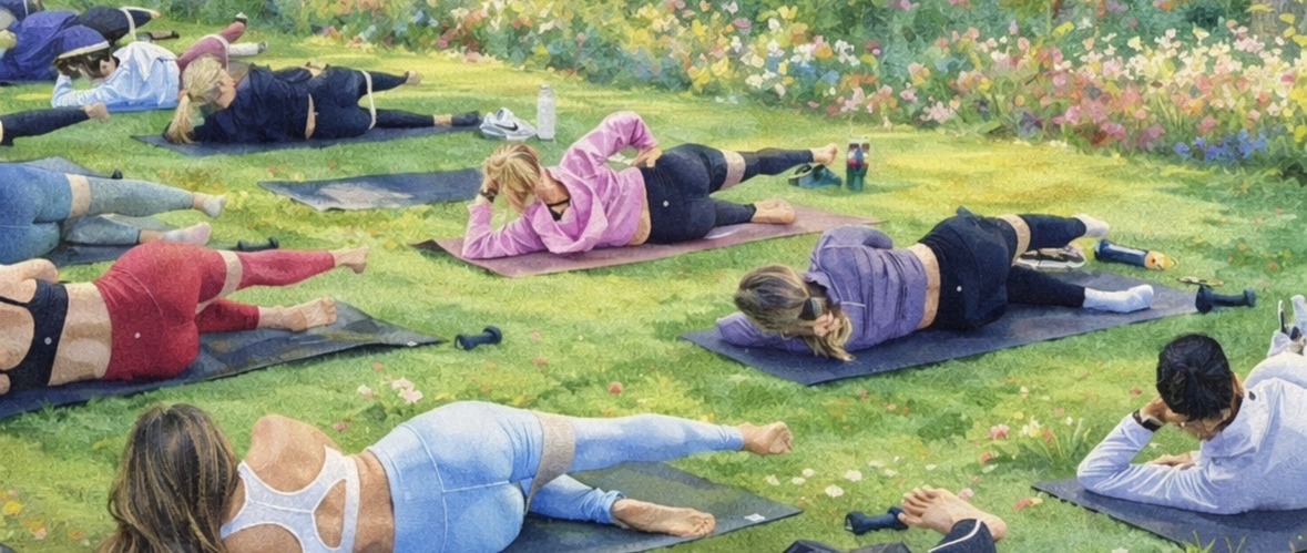 Watercolor illustration of a mat class outdoors on the grass under summer trees.